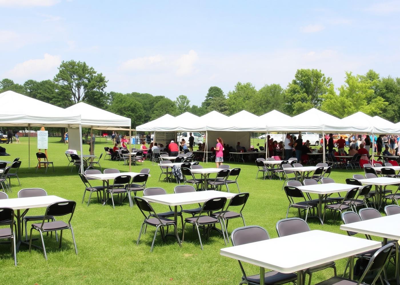Community festival setup with canopy tents, tables, and chairs