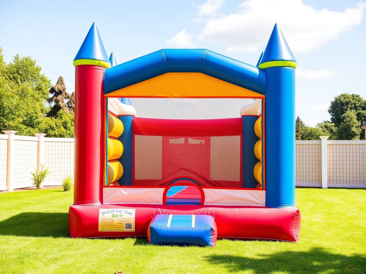 Blue and red bounce house on a lawn